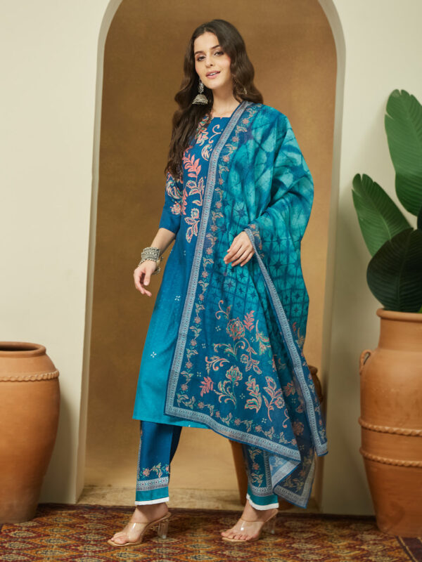 Janasya Women's Teal Blue Cotton Blend Floral Printed Straight Kurta Set - Image 2
