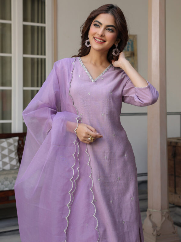 Best seller Women's Lavender Chinon Embellished Kurta with Pant and Dupatta - Image 8