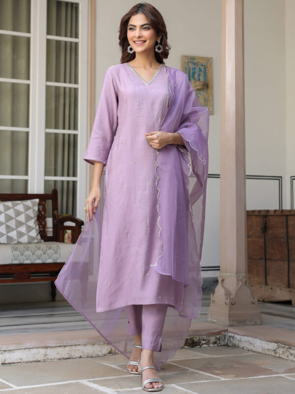 Best seller Women's Lavender Chinon Embellished Kurta with Pant and Dupatta - Image 2