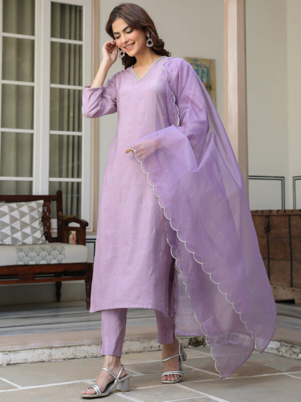 Best seller Women's Lavender Chinon Embellished Kurta with Pant and Dupatta - Image 5