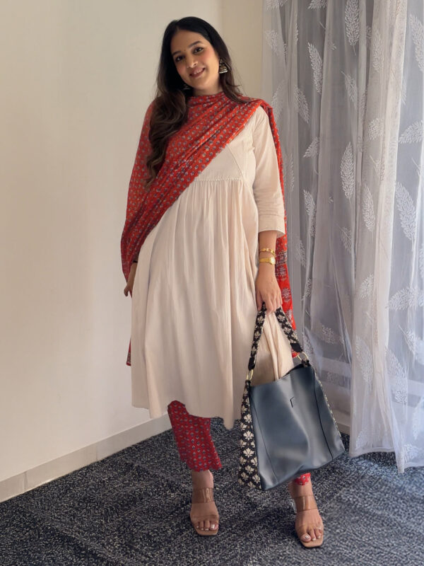 Beige Pure Cotton Floral Printed A-line Kurta Set - Image 2