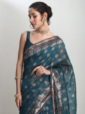 Women's Teal Blue Linen Blend Floral Woven Design Jacquard Saree with Blouse Piece