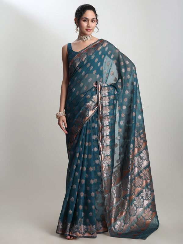 Women's Teal Blue Linen Blend Floral Woven Design Jacquard Saree with Blouse Piece - Image 2