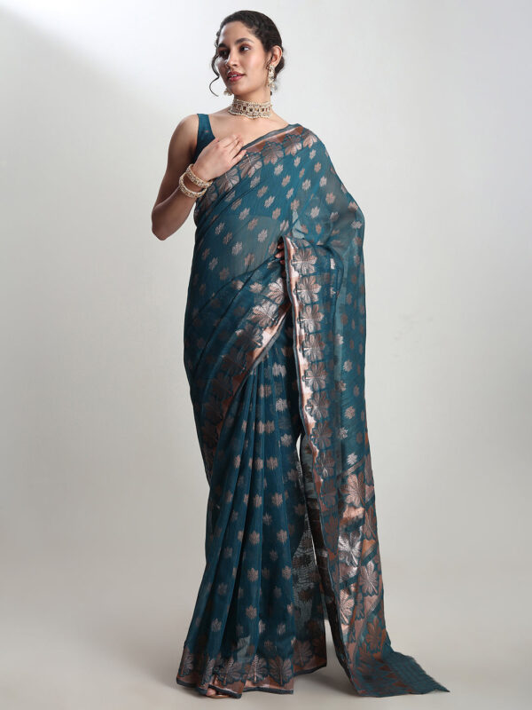 Women's Teal Blue Linen Blend Floral Woven Design Jacquard Saree with Blouse Piece - Image 3