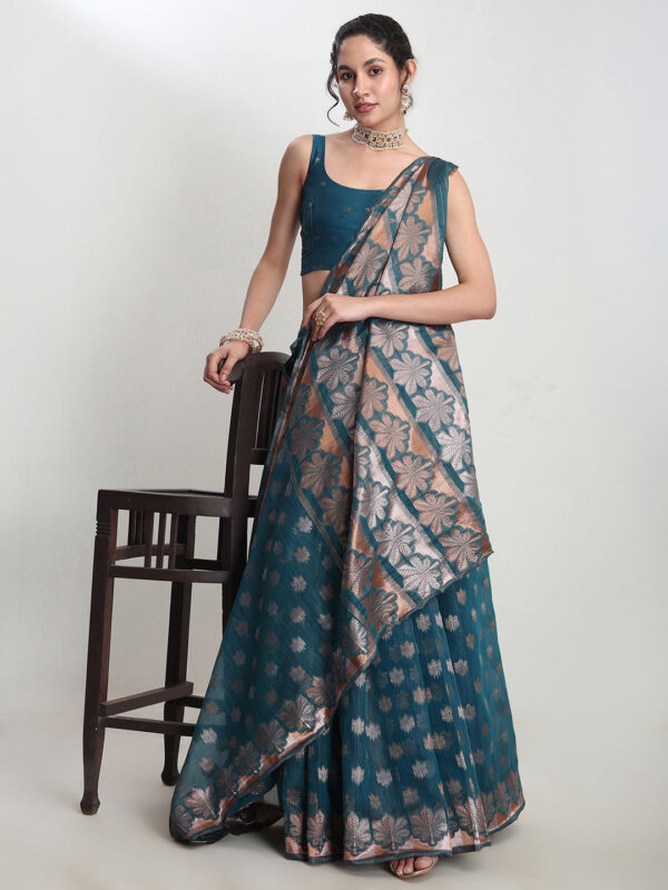 Women's Teal Blue Linen Blend Floral Woven Design Jacquard Saree with Blouse Piece - Image 6