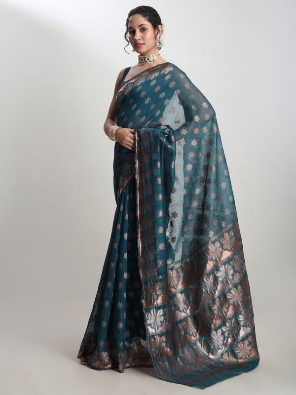 Women's Teal Blue Linen Blend Floral Woven Design Jacquard Saree with Blouse Piece - Image 5