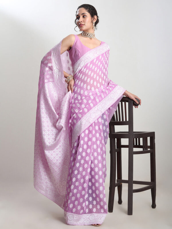 Women's Lavender Silk Blend Floral Woven Design Jacquard Saree with Blouse Piece - Image 4