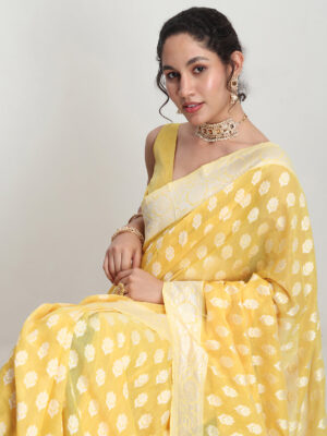 Women's Yellow Silk Blend Floral Woven Design Jacquard Saree with Blouse Piece