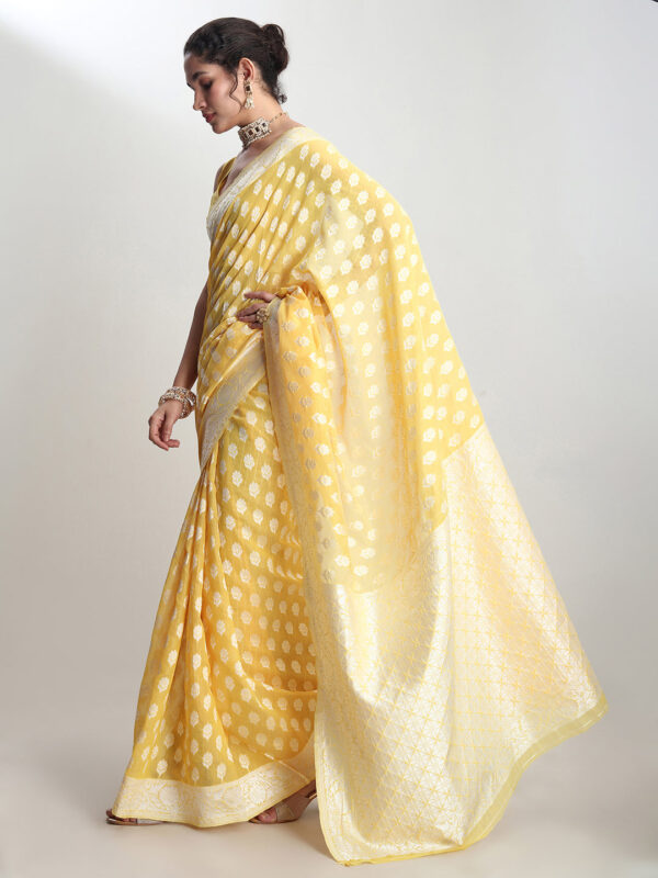 Women's Yellow Silk Blend Floral Woven Design Jacquard Saree with Blouse Piece - Image 6