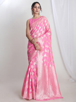 Women's Pink Silk Blend Geometric Woven Design Jacquard Saree with Blouse Piece