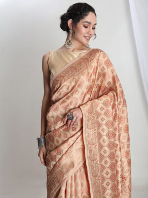 Women's Beige Silk Blend Geometric Woven Design Jacquard Saree with Blouse Piece