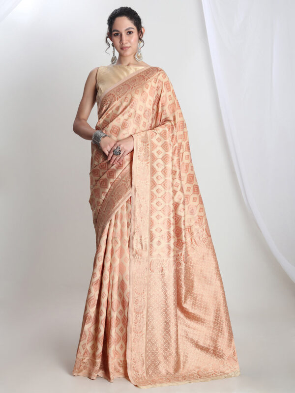Women's Beige Silk Blend Geometric Woven Design Jacquard Saree with Blouse Piece - Image 2
