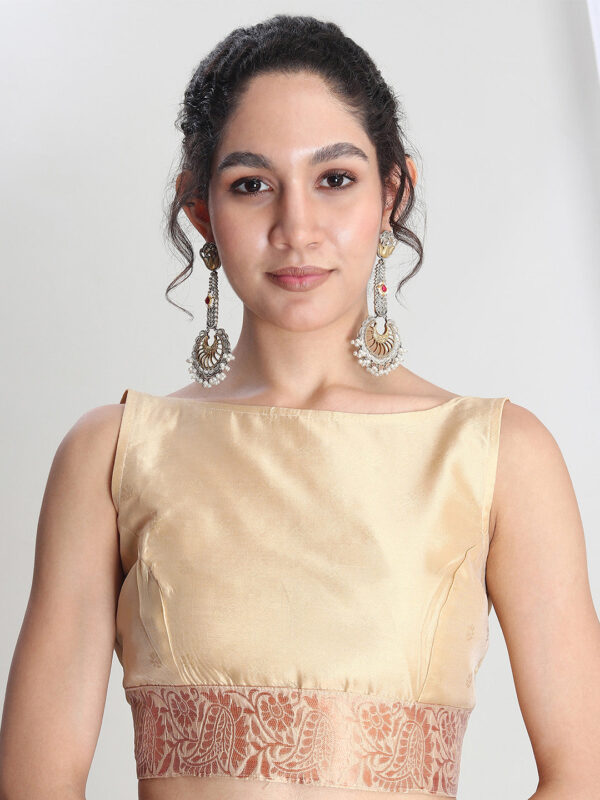 Women's Beige Silk Blend Geometric Woven Design Jacquard Saree with Blouse Piece - Image 8