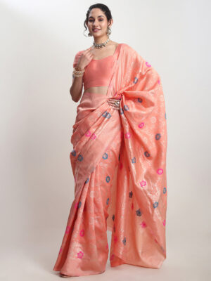 Women's Peach Silk Blend Floral Woven Design Jacquard Saree with Blouse Piece