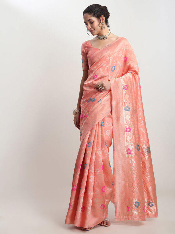 Women's Peach Silk Blend Floral Woven Design Jacquard Saree with Blouse Piece - Image 4