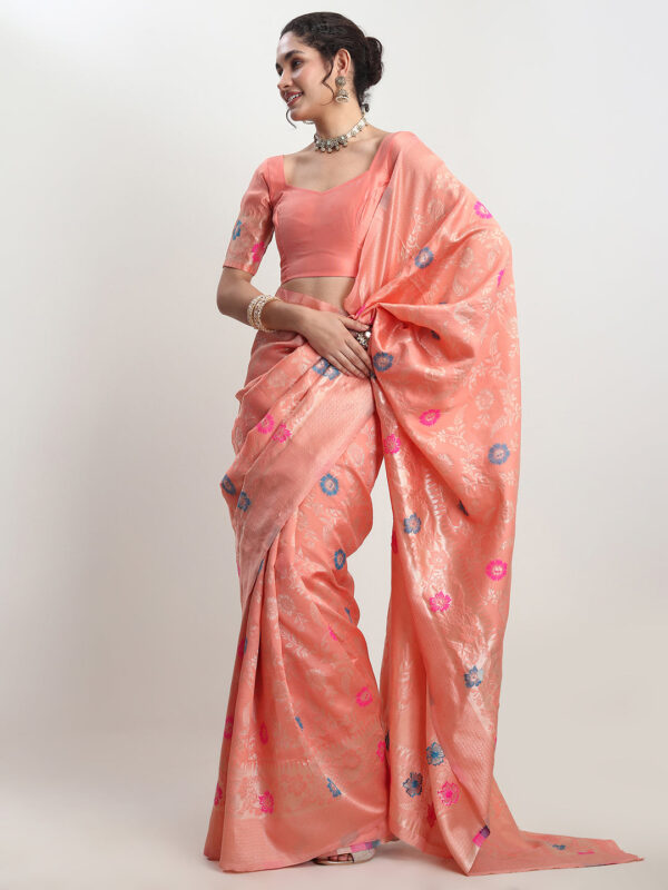 Women's Peach Silk Blend Floral Woven Design Jacquard Saree with Blouse Piece - Image 3
