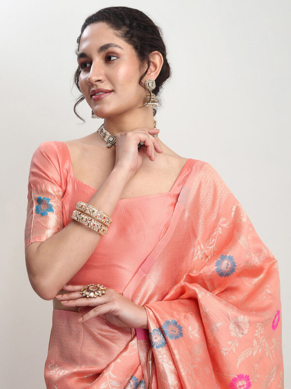 Women's Peach Silk Blend Floral Woven Design Jacquard Saree with Blouse Piece - Image 9