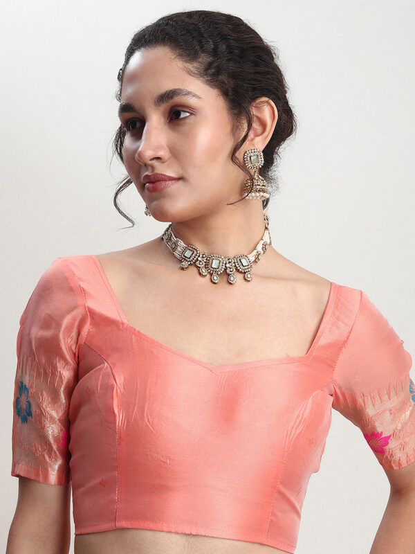 Women's Peach Silk Blend Floral Woven Design Jacquard Saree with Blouse Piece - Image 8