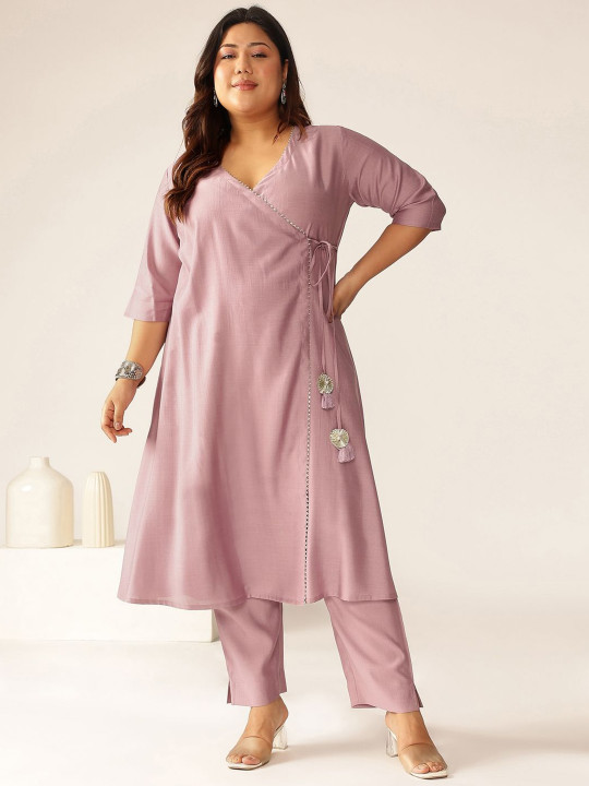 V4q442v4_80133ec9e7a647ab9813115d469be71e Women Plus Size Lavender Silk Blend Solid Angrakha Kurta Set - Image 1