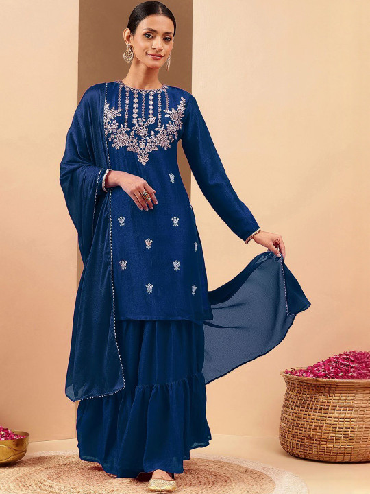 ZKyhm6Kv_cba9a30571a944ca9cbcb85ab476292d Floral Embroidered Round Neck Sequinned Kurti With Sharara & Dupatta - Image 1