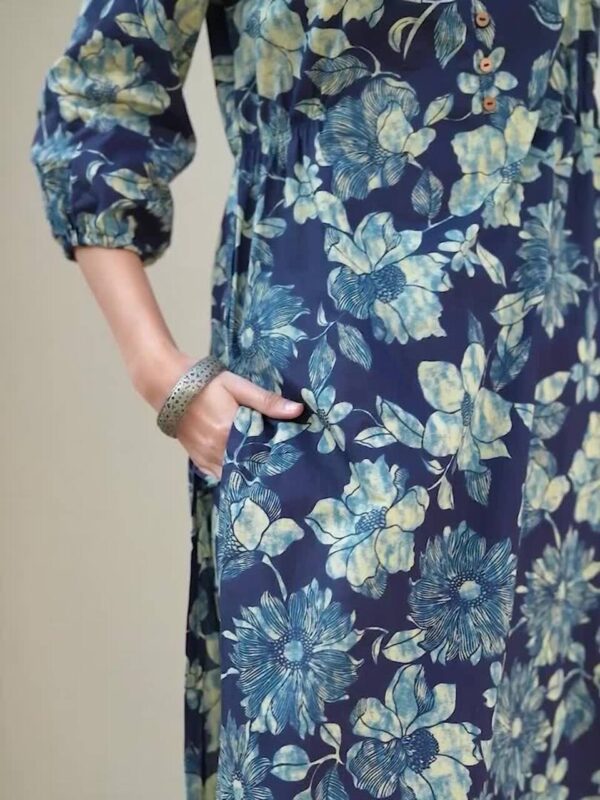 Women's Indigo Pure Cotton Floral Printed Straight Kurta Pant Set - Image 8