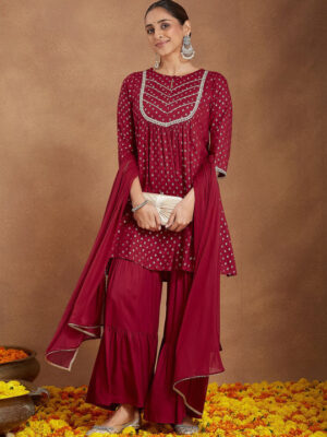 Women Ethnic Motifs Self Design Gotta Patti A-Line Kurta With Sharara & Dupatta