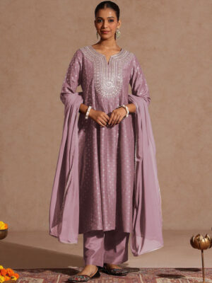 Ethnic Motifs Printed Panelled Thread Work Muslin Kurta With Palazzo & Dupatta