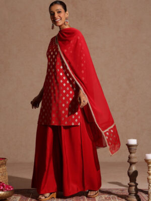 Women Ethnic Motifs Woven Design V-Neck Straight Kurti with Sharara & Dupatta